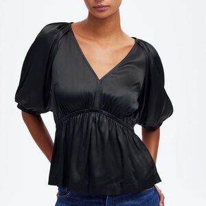 Madewell Shirred Puff-Sleeve Top in Satin Size XXS